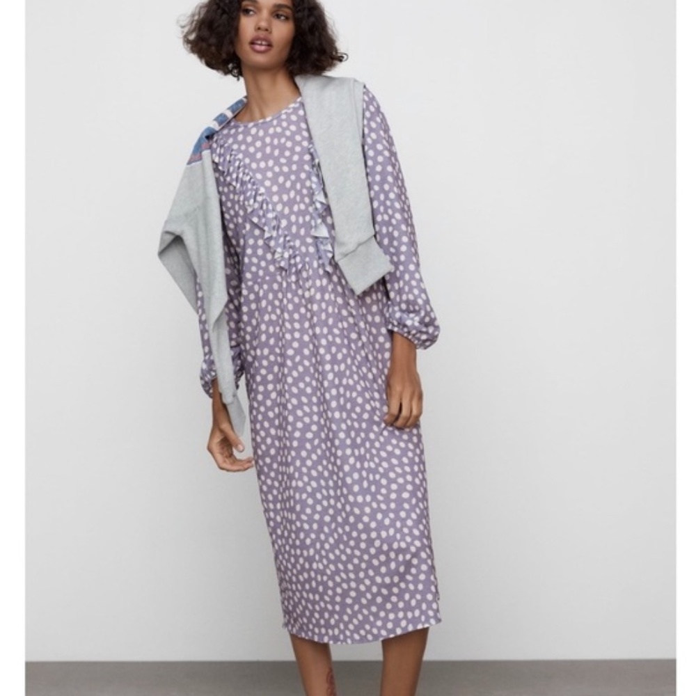 Zara Ruffle Front Dress Polka Dot Sz S Lilac NWT Fairy Cottagecore Dolly